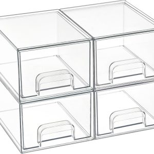 4-Pack Small Clear Stackable Acrylic Storage Drawers – Plastic storage boxes suitable for bathroom cosmetics, dressing tables, under sinks, kitchen cabinets, and pantry