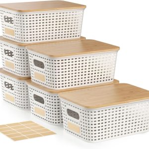 6-Pack White Plastic Storage Boxes with Bamboo Lids – 9x7x4 inch stackable storage box, labeled, suitable for pantry, office cabinets, drawers, wardrobes, and shelves