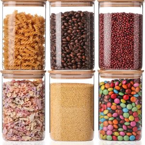 6-Pack Glass Storage Jars (37oz) – Square stackable jars with bamboo lids, suitable for sweets, cookies, rice, sugar, flour, pasta, nuts, and spices